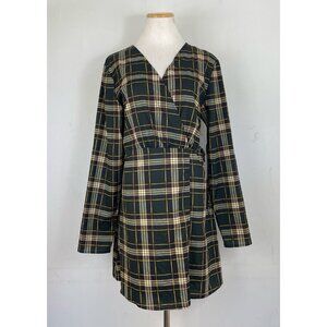 Pretty Little Thing Dress Size 14 NEW Green Tartan Plaid Wrap Long Sleeve Mini
